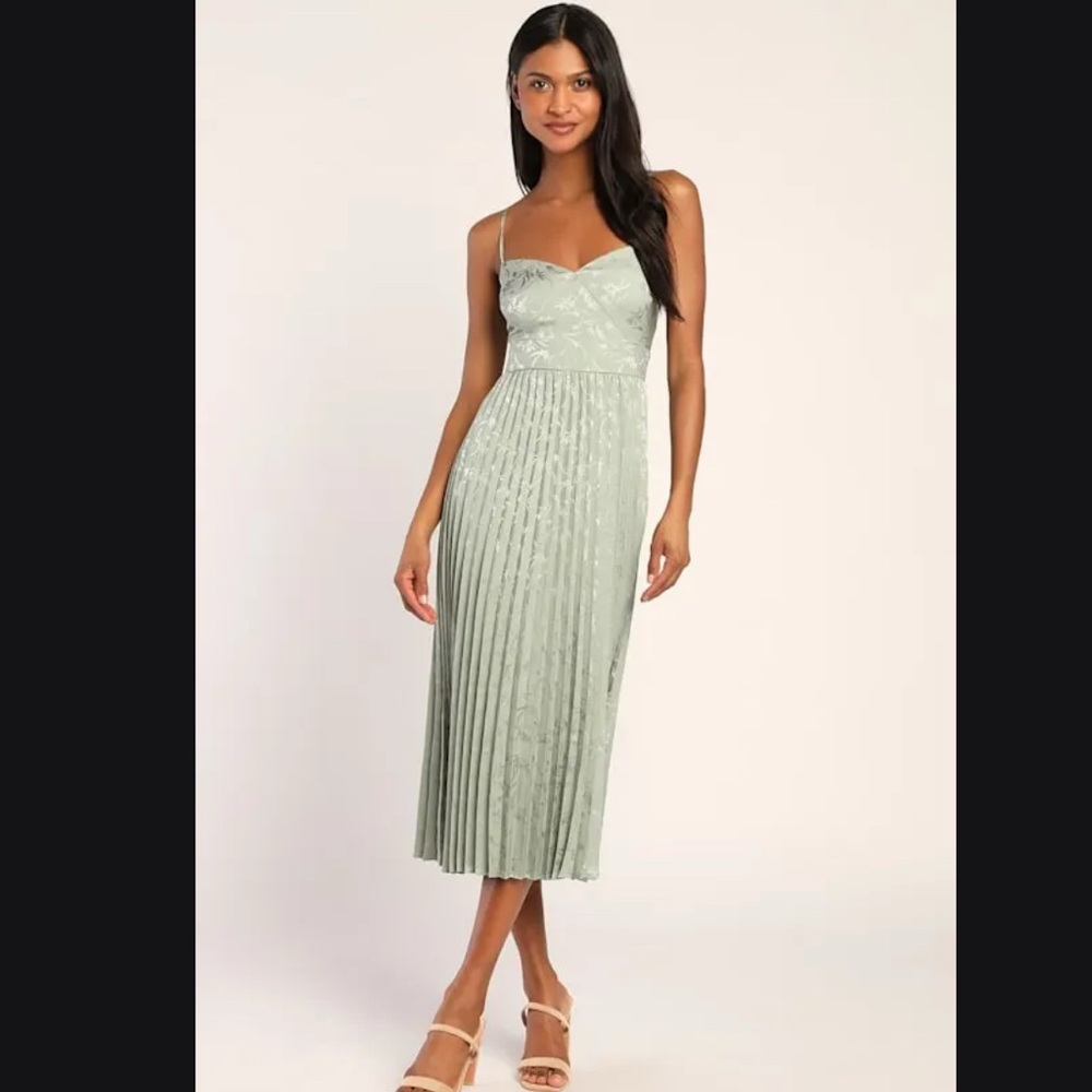 Regal Romance Sage Floral Jacquard Pleated Satin Midi Dress